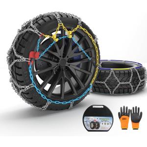 Snow Chains Universal Anti-Skid Tire Chains for Cars SUV Pickup, Full-Coverage Traction with Safety Lock System, Reusable & Storage Box (Set of 2, HKN130)