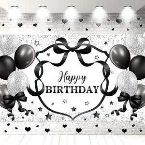 6 x 3.6 ft Black Bow Birthday Decorations Backdrop Black and White Party Decor Bow Happy Birthday Banner Backgrounds Backgrounds for Girls Women Baby Shower Photo Props Bachelorette Supply