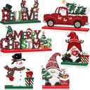 Capoda 6 Pcs Christmas Table Decorations Wooden Christmas Table Centerpieces Xmas Snowman Santa Claus Gnome Signs Merry Xmas Toppers for Holiday Party Supplies(Red, White)