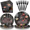 96Pcs Spider 5th Birthday Decorations for Boys Super Theme Hero 5th Birthday Plates and Napkins Black Red Spider Five Years Old Decoration Favors for Kids 5 Year Old Party Supplies Serves 24