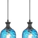 Pendant Lights Kitchen Island 2 Pack, Blue Glass Pendant Light Fixtures with Hammered Glass, Modern Hanging Light for Kitchen Sink Dining Room Bedroom