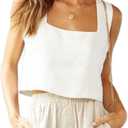 IDEALSANXUN Linen Crop Tank Tops for Women Summer Square Neck Sleeveless Casual Loose Cute Cotton Linen Tops (Small, White)
