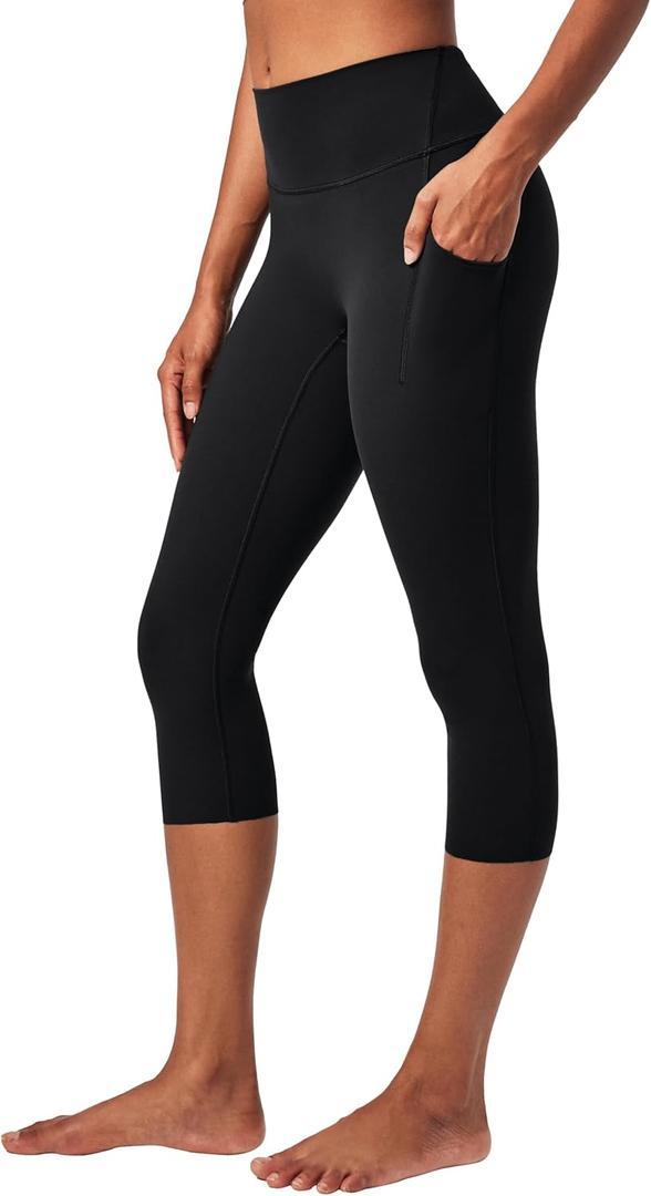 Heathyoga Buttery Soft Capri Leggings with Pockets for Women Tummy Control Capri Pants High Waisted Yoga Pants Women (Black, S)