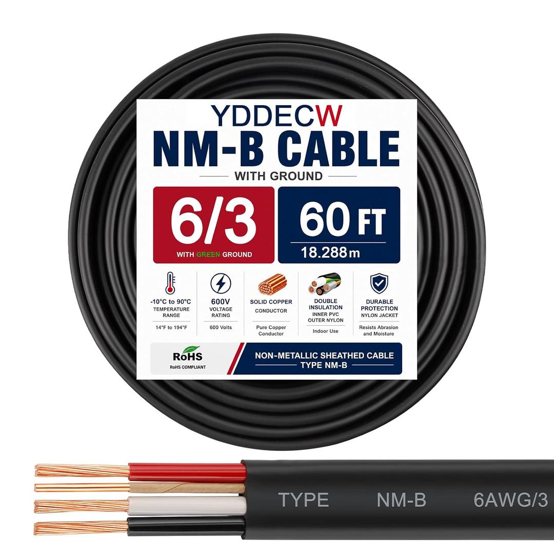 6/3 NM-B Wire with Ground - 60FT 6 Gauge Non-Metallic Sheathed Cable Pure Copper 6 AWG 3 Conductor Residential Indoor Wire for Outlets, Switches and Other Loads etc.