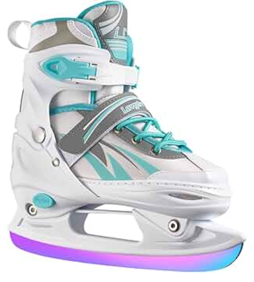 Adjustable Ice Skates for Kids Girls Boys, 4 Size Adjustable Beginner Ice Hockey Skates for Youths Teen, Warm Ice Skating Shoes with Electroplated colorchanging blades for Outdoor and Rink, Blue