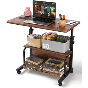 Portable Rolling Desk on Wheels Adjustable Height Desks for Small Spaces, 32" Computer Desk Drafting Tables with Storage Shelves for Home Office Rustic