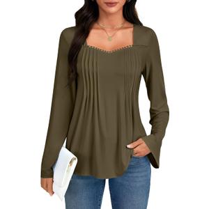 Umenlele Women's Pleated Front Sweetheart Neck Long Sleeve Casual Loose Tunic Tops Blouse Pink Large (L)