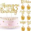 Gold Glitter 13th Birthday Cupcake Toppers Cheers to 13 Years Hello 13 & Fabulous Official Teenager Since 2012 25Pcs Cake Decorations Supplies for Teenager Birthday Party