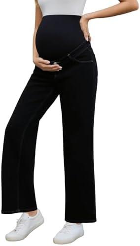 Ecavus Women's Maternity Jeans Over Belly Wide Leg Comfy Stretch Denim Pants with Pockets, Size XL