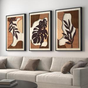 Framed Textured Wood 3D Wall Art for Living Room, Large Boho Tropical Brown Artwork for Walls, 3 Piece Farmhouse Botanical Leaf Wood 3D Textured Wall Art Decor for Office Bedroom Hallway, 24x36 Inch, 24" W x 36" H x 3Pcs