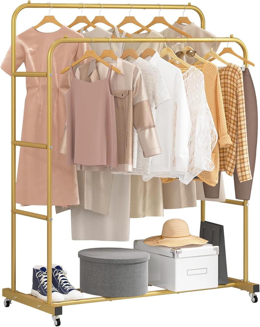 Laiensia Double Rods Clothing Rack with Wheels, Garment Rack for Hanging Clothes, Multi-functional Bedroom Clothes Rack, Gold