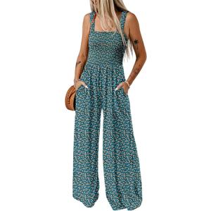 Dokotoo Women's Casual Loose Overalls Jumpsuits One Piece Sleeveless Printed Wide Leg Long Pant Rompers With Pockets, L
