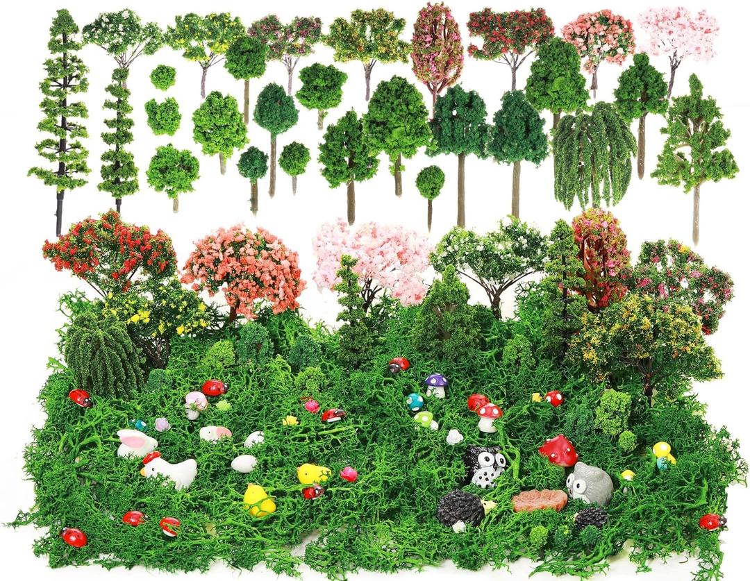 Hoteam 72 Pcs Miniature Garden Accessories Mini Moss Garden Animals Rabbit Owl Miniature Figurines Fake Diorama Trees Natural Outdoor Sheet for DIY Fairy Craft Decor