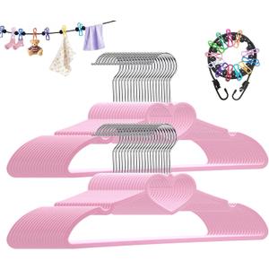 Plastic Hangers 50 Pack, Cute Clothes Hanger Ultra Thin Space Saving - Pink Clothes Hangers with 360 Degree Swivel Hook & Travel Clothesline - Sturdy Adult Coat Hangers for Dress, Shirts, Coats