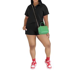 PINSV 2 Piece Sets for Women Short Sleeve Polo Top Shorts Set Summer Casual Jogger Tracksuit Black S