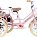 SRNSAEB Pink Gray Green Yellow 3-Wheel Bikes Carrying Passengers, Three Wheel Cruiser Bike Two-Seater Children Tricycle, Double Twins Toy Bicycle with Adjustable Height Seats & Handle(Pink,18in)