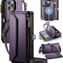 for iPhone 15 Pro Max Detachable Wallet Case Compatible with Magsafe, RFID Blocking 9-Card Holder Zipper Strap Lanyard PU Leather Magnetic Phone Case for iPhone 15 Pro Max 6.7", Purple