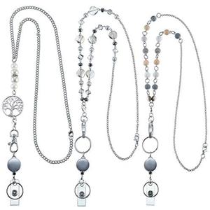 Hicarer 3 Pieces ID Badge Beaded Lanyard Necklace with ID Holder Clip Stainless Steel Beaded Chain Lanyard Necklace for Women Retractable Badge Reel Valentine Present