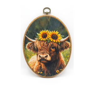 AEHIE Rustic Floral Western Cow Oval Wall Art Decor, Farmhouse Wildflower Flower Canvas Artwork Framed, Country Farm Cattle Animal Oval Wall Art for Home Bedroom Living Room Decor, 11x8.5 Inch