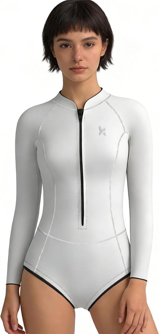 KMT Womens Wetsuit, Long Sleeve Shorty Wetsuits for Women 2mm Neoprene Front Zip Wet Suit Springsuit Swimming Surfing Diving Scuba Kayaking (12, White)