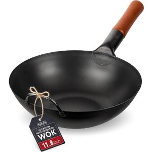 YOSUKATA 11.8" Pre-Seasoned Flat Bottom Black Carbon Steel Wok for Stir Fry | Flat Bottom Wok for Stir Fry, BBQ, Grill & Camping – Traditional Chinese Cookware – For Induction, Electric, Gas, Open Fire