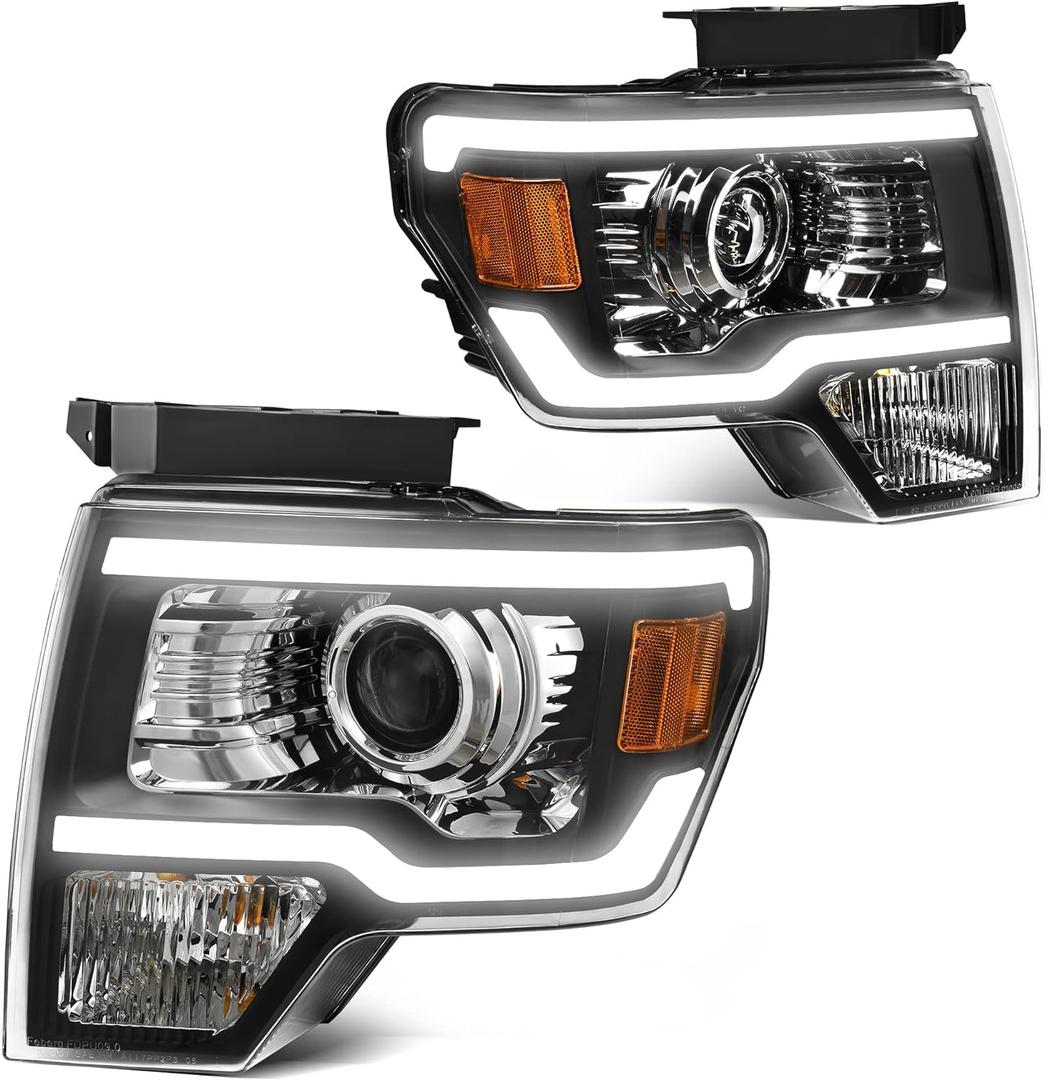 AUTOSAVER88 LED DRL Projector Headlights Assembly Compatible with 2009-2014 09-14 Ford F150 Headlamp Replacement Black Housing Amber Reflector (Factory Halogen Headlights Only)Only fit 3 Pin Plug