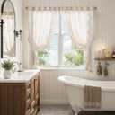 jinchan Belrose Linen Floral Cafe Curtains 54 Inch Length Embroidered Farmhouse Curtains for Kitchen Bedroom Bathroom Small Windows Curtain Set Light Filtering 2 Panels Ivory