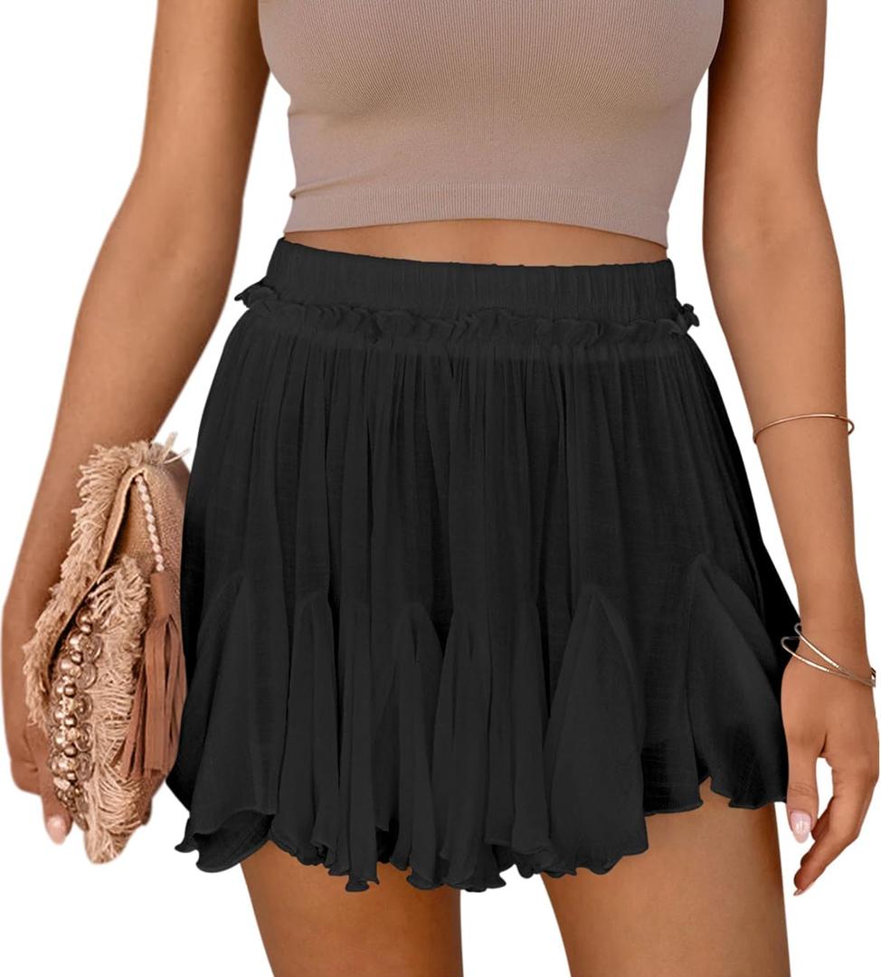 Women's Flowy Shorts Casual Linen Boho Ruffle Mini Skirts Pleated High Waist Cute Butterfly Skorts with Pockets Summer Trendy (Black, M)
