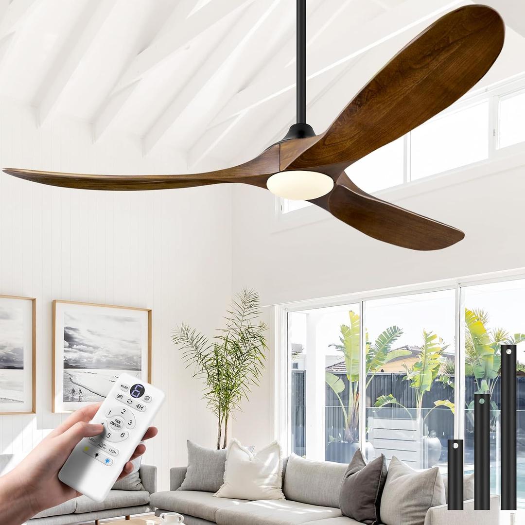 ABZ 52 Inch Ceiling Fans with Lights and Remote Control, Outdoor Ceiling Fan with Light 3 Blades Propeller Solid Wood Ceiling Fan for Indoor Bedroom Living Room, Walnut Wood