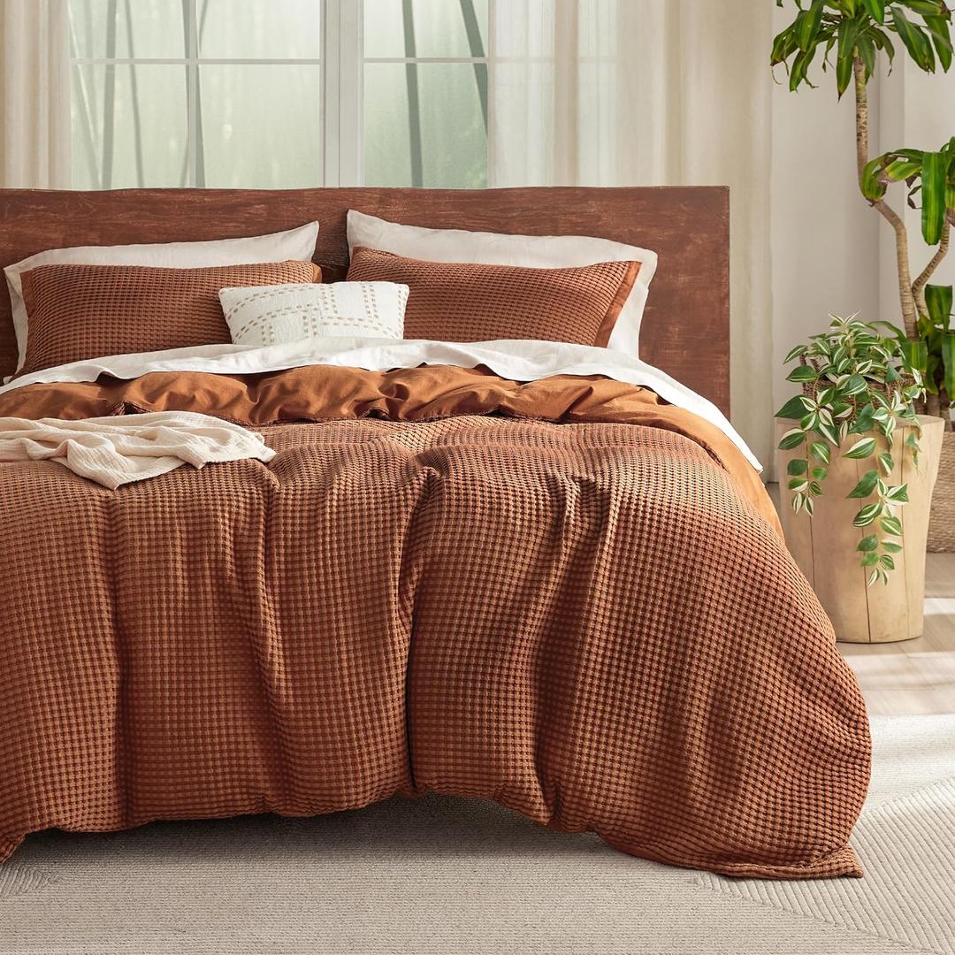 Bedsure Cooling Waffle Duvet Cover King - Cotton Blend Rayon Derived from Bamboo Duvet Cover Set for Hot Sleepers, Breathable Bedding Set with a Vintage Charm, 3 Pieces (Burnt Orange, King, 104"x90")