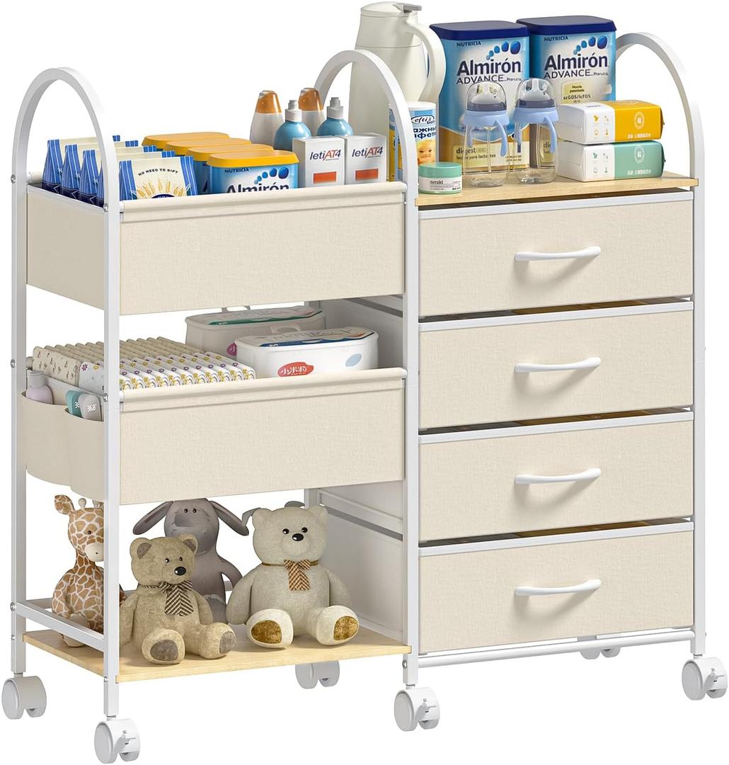 Baby Organizer and Storage Cart, 4-Tier Rolling Utility Cart with Wheels, Dividers and Drawers, Easy to Assemble for Nursery, Bedroom & Changing Table, White