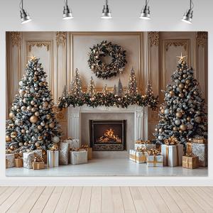 Mocsicka Christmas Fireplace Backdrop Gold Christmas Tree Fireplace Background Photography Decorations Christmas Eve Background Photo Props (8x6ft)
