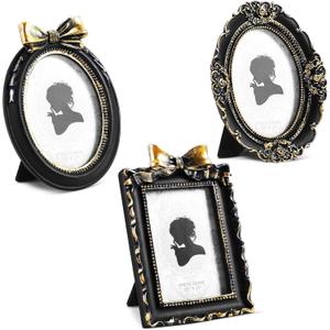 Vicenpal 3 Pcs Tiny Picture Ornate Frames 2.5 x 3.5 Inch Small Vintage Oval Picture Frames Gold Vintage Baroque Ornate Antique Resin Frame Table Top Display Frame for Home Wedding Decor (Black Gold)