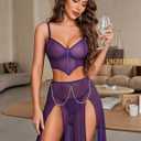 Avidlove Women Lingerie Babydoll Chemise 3 Piece Set Mesh Side Split Nightgown (Purple, L)
