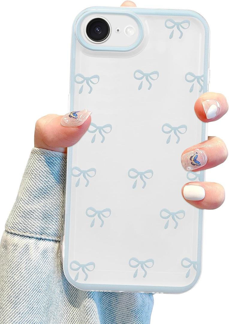 Jusy Compatible with iPhone 7/8/SE Bow Phone Case, Cute Clear Ribbon Bowknot Pattern Aesthetic Soft TPU Transparent Cases Protective Phone Cover for Women Girly - Blue