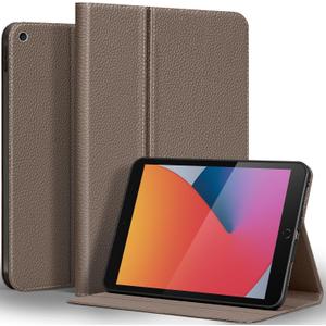 Genuine Cowhide Leather Case for iPad 10.2 inch 7th/8th/9th Gen (2019-2021) - Dual Angle Stand, Auto Wake/Sleep, Folio Cover with Magnetic Closure, Gray Brown