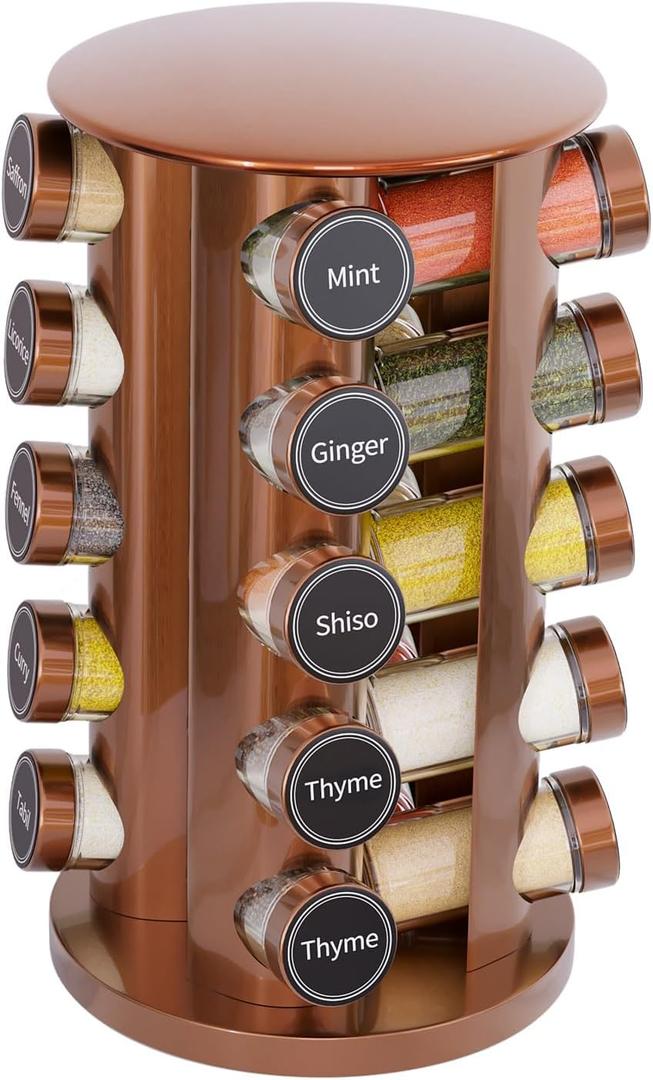 New England Stories Revolving Spice Rack Set with 20 Spice Jars, Kitchen Spice Tower Organizer for Countertop or Cabinet - Carousel Storage Includes 386 Spice Labels (Gold)