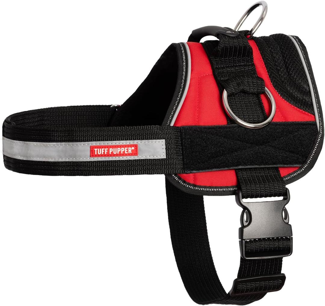Tuff Pupper Fast Fit Harness for Large Dogs | No Pull No Choke, Escape-Proof | Rugged Padded Breathable Vest | Traffic Control Handle | 3 Leash Clips | Reflective Trim | Easy On Off (L, Red)