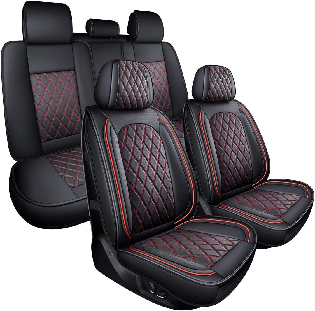 MIROZO Seat Covers, Waterproof Seat Cover Vehicle Cushion Cover Breathable Universal Fit for Most Sedan, Truck and SUV for Tacoma Rogue CX5 Chevy (5PCS Full Set, Black Red)