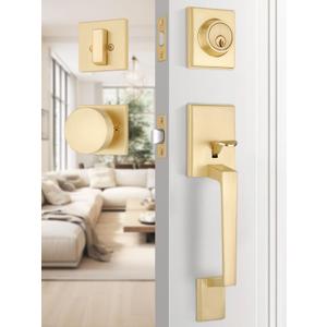 EHOMEWARE Front Door Handle with Deadbolt Set, 1 Pack Keyed Entry Door Lock, Single Deadbolt Door Knob for Exterior Door, Satin Brass Finish, Reversible for Left/Right Doors
