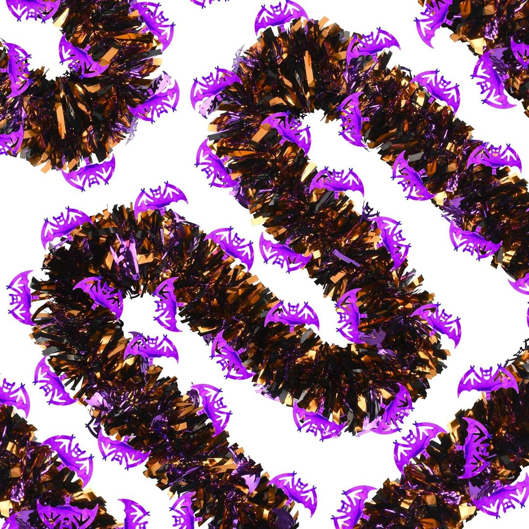 66 Ft Halloween Tinsel Garland, Mixed Color Glitter Tinsel Garlands with Orange Black Purple Bat Metallic Twist Hanging Streamers Decoration for Halloween Party Home Indoor Outdoor Decor Supply