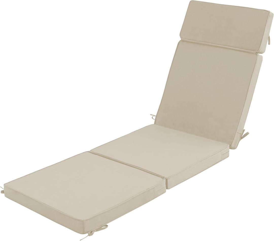72 x 21 Inch Outdoor Chaise Lounge Cushion - Removable Cover, 4-Section Design, Water-Repellent & Fade-Resistant, 6 Tie Straps, Replacement for Patio & Pool Chairs - Cream