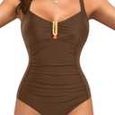 Daci Women Tummy Control One Piece Swimsuit - Ruched Bathing Suit Full Coverage Slimming V Wired Swimwear 2025 (Large, Brown)