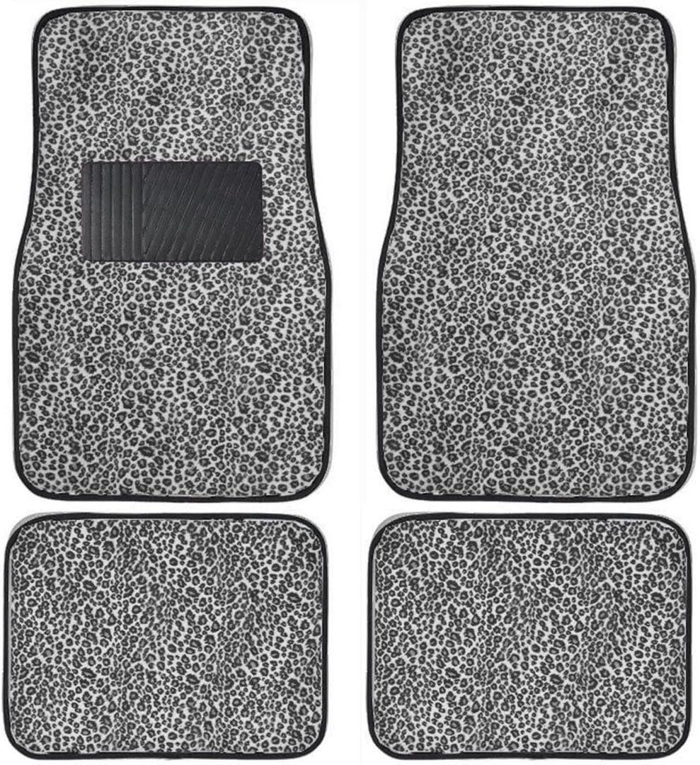 New Animal Print Snow Cheetah Floor Mat Set with Vinyl Heel Pad Universal 4PC for Cars Trucks SUVs (Snow Cheetah)