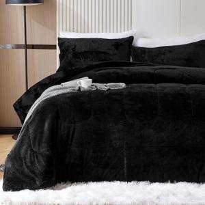 YIYEA Fluffy Queen Size Comforter Set, Luxury Faux Fur Comforter, Ultra Soft Plush Fuzzy Velvet Bedding Comforter Sets for Fall Winter, Cozy Warmth, No Shedding, 3PC, Queen, Black