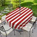 Red Strips Print Outdoor Tablecloth with Umbrella Hole for Oval Table, Waterproof Strip Patio Table Cloth with Zipper - 60 x 102 inches