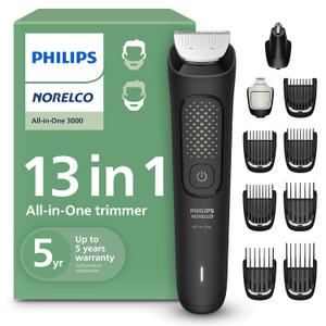 Philips Norelco All-in-One 3000 Series 13 in 1 Trimmer for Men, Beard Trimmer & Head Hair Clipper, Full Metal Self-Sharpening Blades & 8 Length Settings, MG3939/50 (Black)