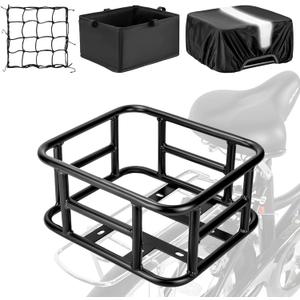 Bike Basket Rear with Liner,Waterproof Cover,Cargo Net Large Rear Bike Basket,Heavy Duty Bicycle Rear Basket for Electric Bike, Ebike,Great for Bike Trip,Carrying Grocery,Ball,Dog (12.7"X11.3"X6")