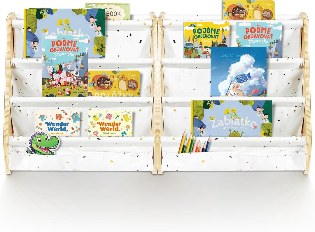 Kids Bookshelf, 4-Tier Toddler Bookshelf, Montessori Book shelf for Baby Room, Children Classroom Books Rack Storage, Natural Wooden Toy Storage Organizer for Nursery or Playroom, 2 Pack, White