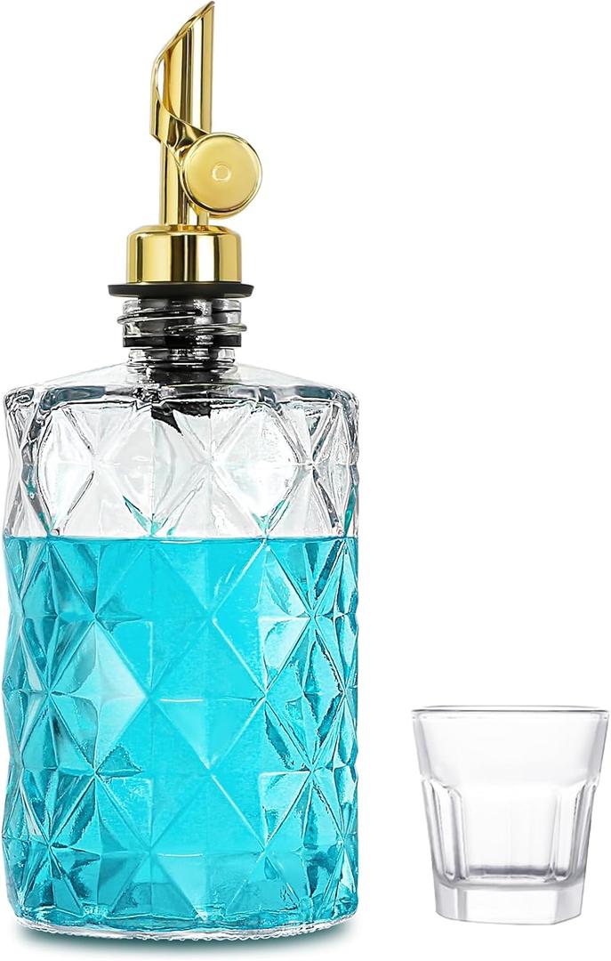 Mouthwash Dispenser for Bathroom, Luxury Diamond Glass Mouth Wash Container, Glass Mouthwash Dispenser Bottles with Cup, Auto-Flip Mouthwash Decanter, 12 Fl Oz, Clear, 1 Pack
